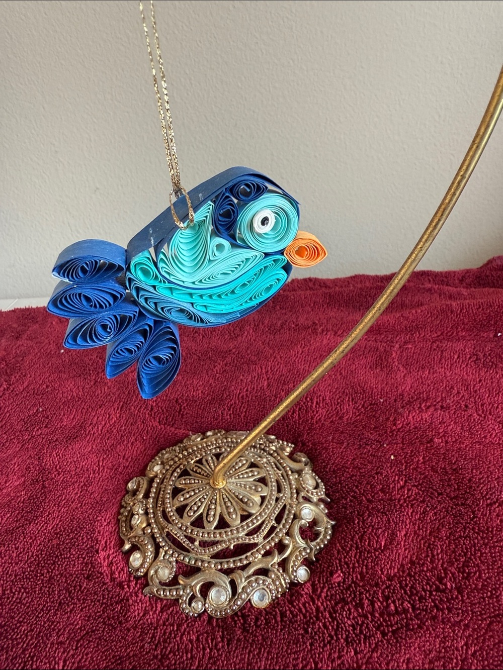 Handmade Blue & Teal Quilled Paper Bird Ornament with Orange Beak